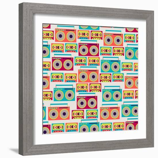 Seamless Pattern With Tape Recorders And Audio Cassette-incomible-Framed Art Print