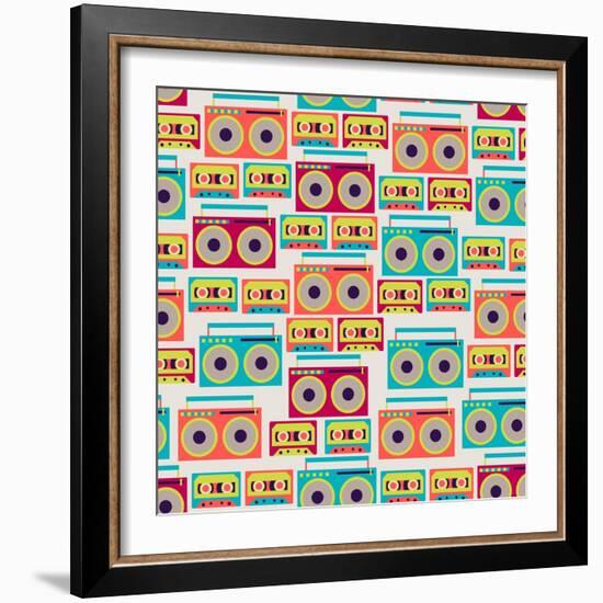 Seamless Pattern With Tape Recorders And Audio Cassette-incomible-Framed Art Print