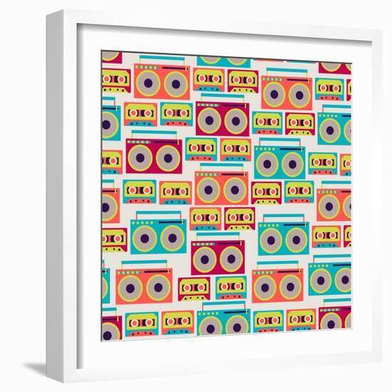 Seamless Pattern With Tape Recorders And Audio Cassette-incomible-Framed Art Print