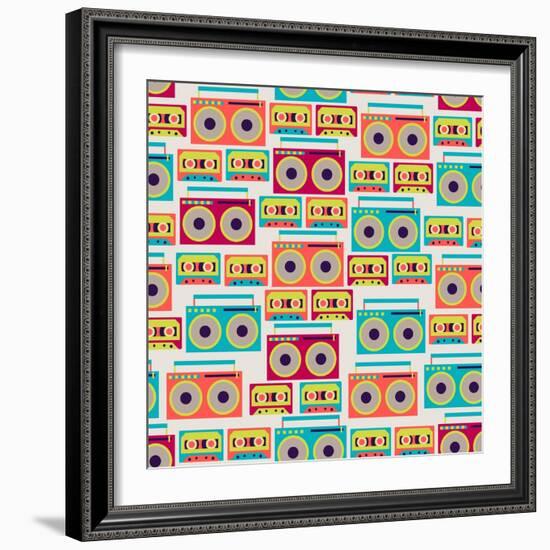 Seamless Pattern With Tape Recorders And Audio Cassette-incomible-Framed Art Print