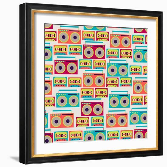 Seamless Pattern With Tape Recorders And Audio Cassette-incomible-Framed Art Print