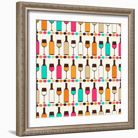 Seamless Retro Pattern With Bottles Of Wine And Glasses-incomible-Framed Art Print