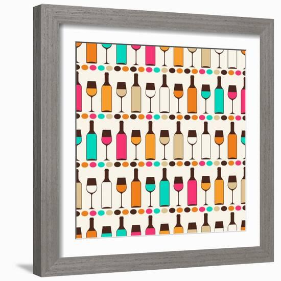 Seamless Retro Pattern With Bottles Of Wine And Glasses-incomible-Framed Art Print