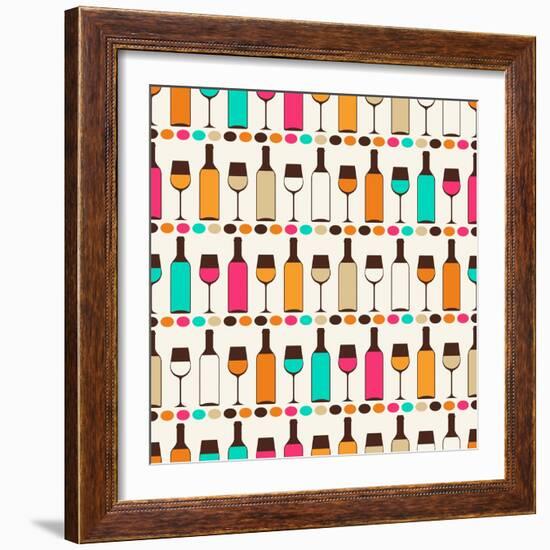 Seamless Retro Pattern With Bottles Of Wine And Glasses-incomible-Framed Art Print