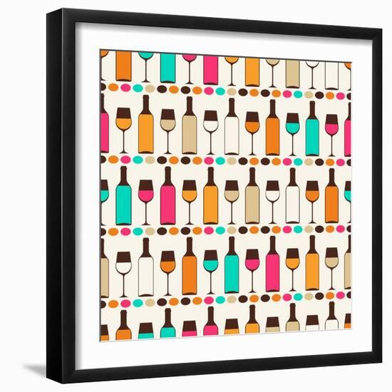 Seamless Retro Pattern With Bottles Of Wine And Glasses-incomible-Framed Art Print