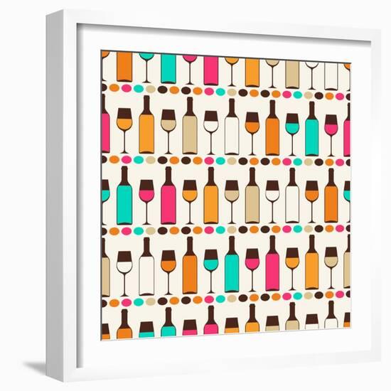 Seamless Retro Pattern With Bottles Of Wine And Glasses-incomible-Framed Art Print