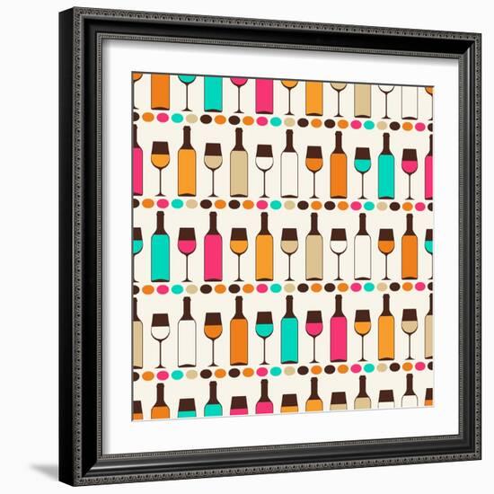 Seamless Retro Pattern With Bottles Of Wine And Glasses-incomible-Framed Art Print