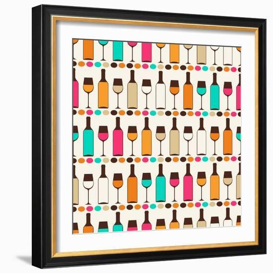 Seamless Retro Pattern With Bottles Of Wine And Glasses-incomible-Framed Art Print