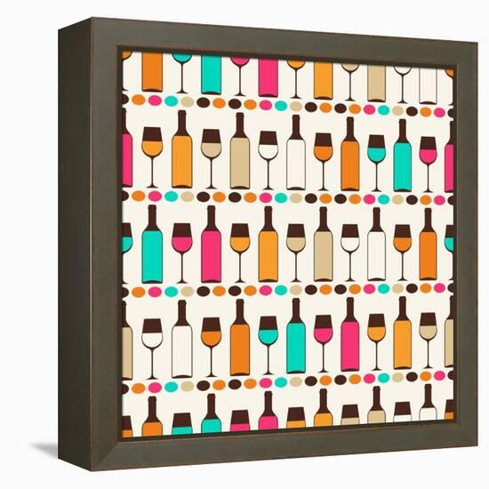 Seamless Retro Pattern With Bottles Of Wine And Glasses-incomible-Framed Stretched Canvas