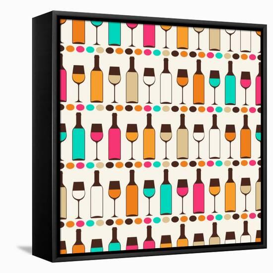 Seamless Retro Pattern With Bottles Of Wine And Glasses-incomible-Framed Stretched Canvas