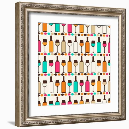 Seamless Retro Pattern With Bottles Of Wine And Glasses-incomible-Framed Art Print