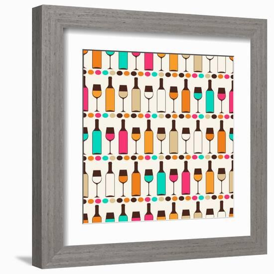 Seamless Retro Pattern With Bottles Of Wine And Glasses-incomible-Framed Art Print