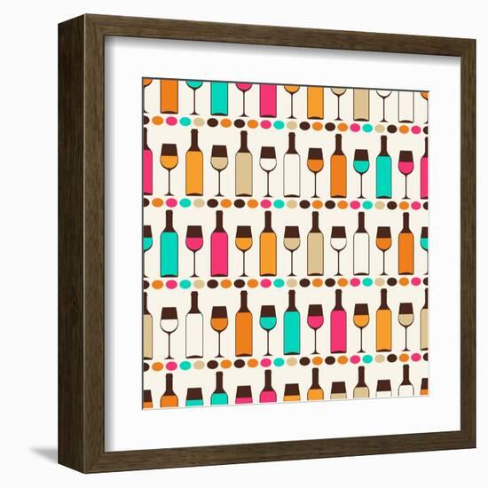 Seamless Retro Pattern With Bottles Of Wine And Glasses-incomible-Framed Art Print