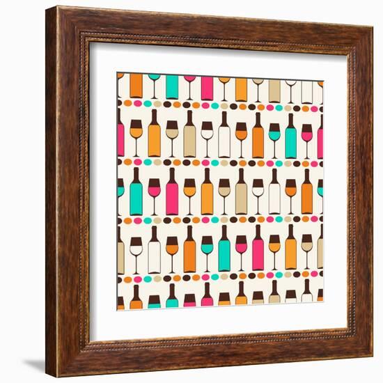 Seamless Retro Pattern With Bottles Of Wine And Glasses-incomible-Framed Art Print