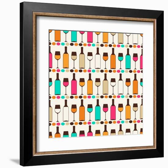 Seamless Retro Pattern With Bottles Of Wine And Glasses-incomible-Framed Art Print