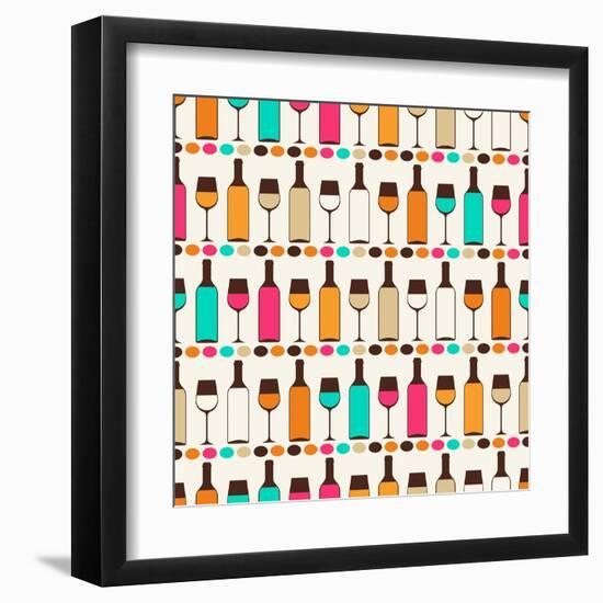 Seamless Retro Pattern With Bottles Of Wine And Glasses-incomible-Framed Art Print