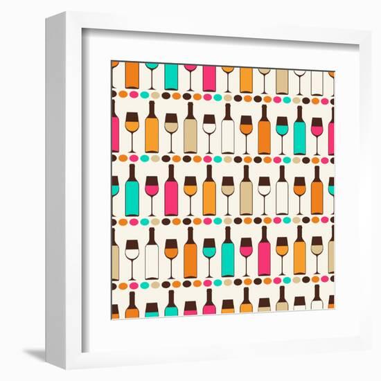 Seamless Retro Pattern With Bottles Of Wine And Glasses-incomible-Framed Art Print