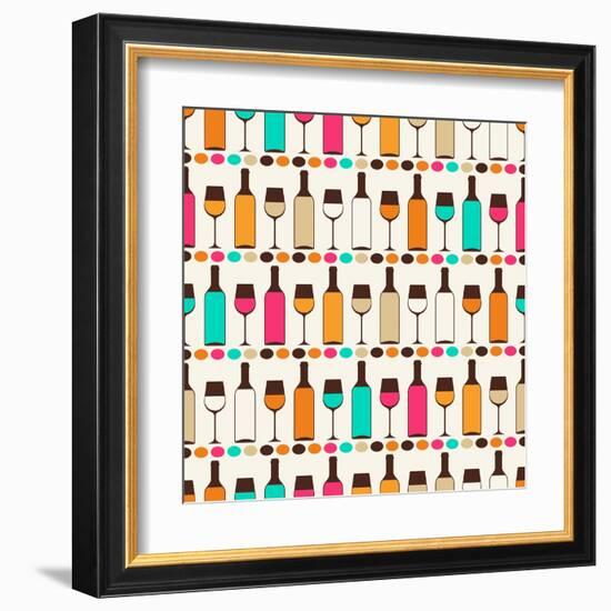 Seamless Retro Pattern With Bottles Of Wine And Glasses-incomible-Framed Art Print