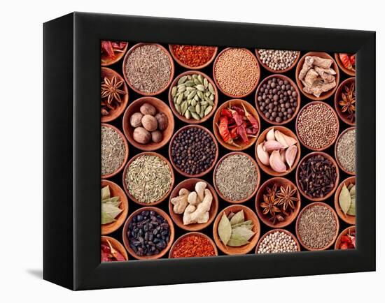 Seamless Texture of Spices on Black Background-Andrii Gorulko-Framed Premier Image Canvas