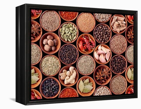 Seamless Texture of Spices on Black Background-Andrii Gorulko-Framed Premier Image Canvas