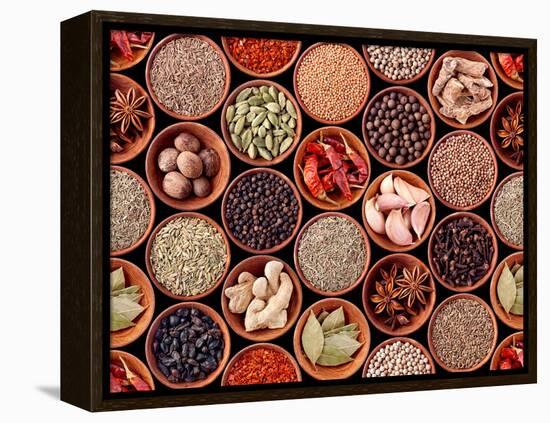 Seamless Texture of Spices on Black Background-Andrii Gorulko-Framed Premier Image Canvas