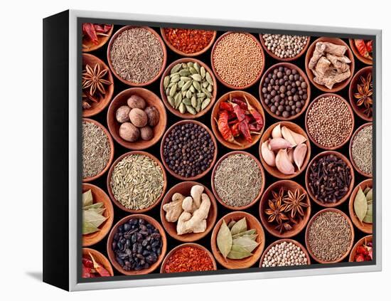 Seamless Texture of Spices on Black Background-Andrii Gorulko-Framed Premier Image Canvas