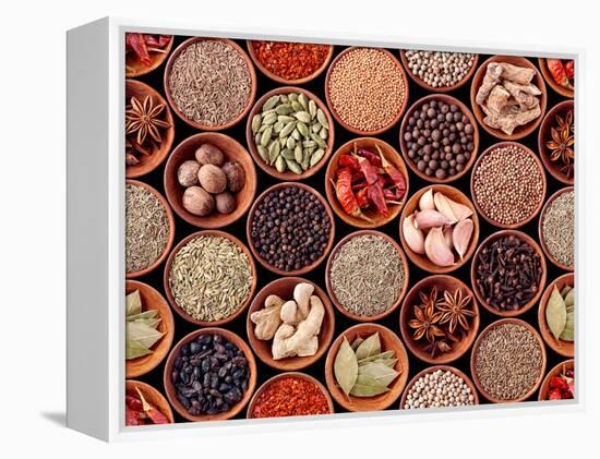 Seamless Texture of Spices on Black Background-Andrii Gorulko-Framed Premier Image Canvas