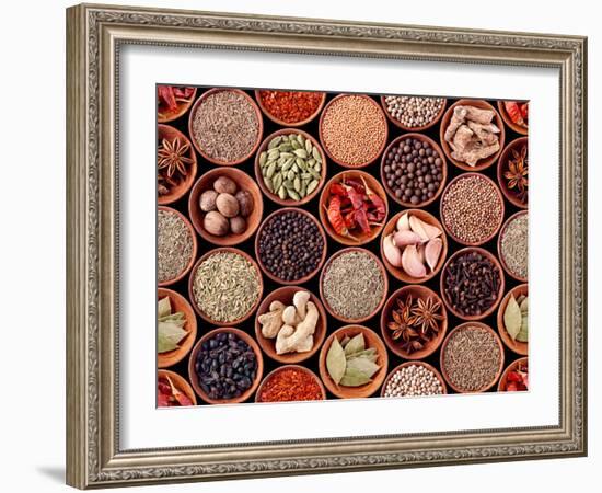 Seamless Texture of Spices on Black Background-Andrii Gorulko-Framed Photographic Print