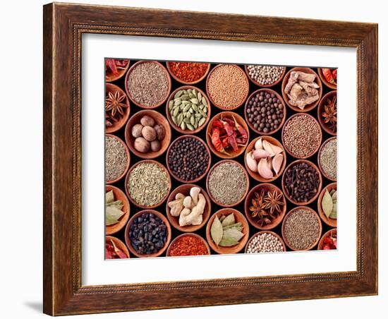Seamless Texture of Spices on Black Background-Andrii Gorulko-Framed Photographic Print