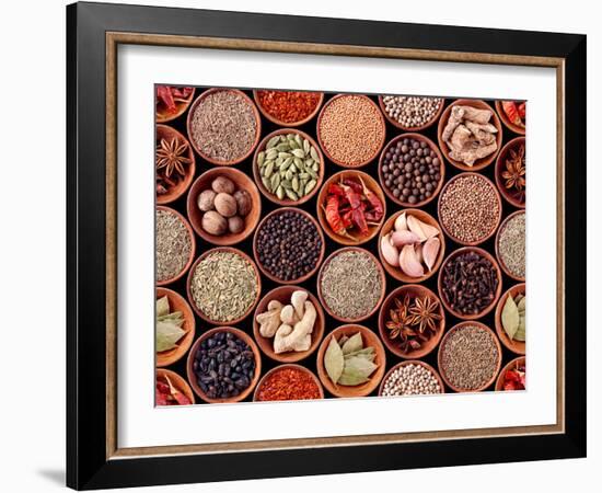 Seamless Texture of Spices on Black Background-Andrii Gorulko-Framed Photographic Print