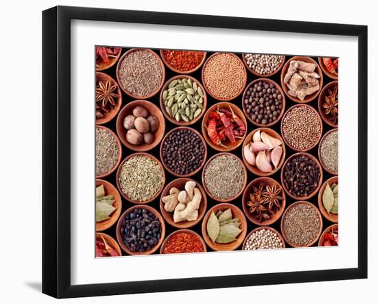 Seamless Texture of Spices on Black Background-Andrii Gorulko-Framed Photographic Print