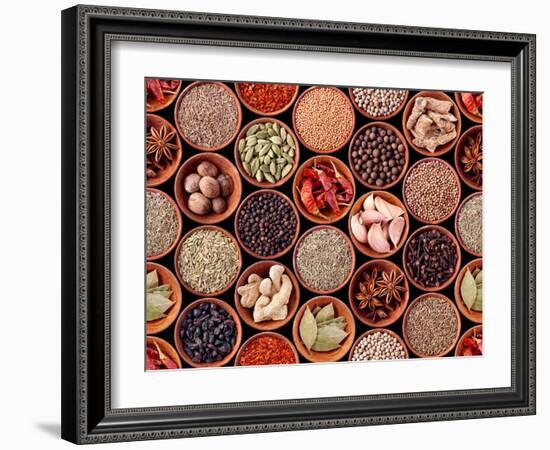 Seamless Texture of Spices on Black Background-Andrii Gorulko-Framed Photographic Print