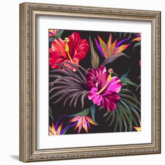 Seamless Vector Tropical Pattern. Vintage Style Hibiscus Flowers, Bird of Paradise, and Palm Leaves-rosapompelmo-Framed Art Print