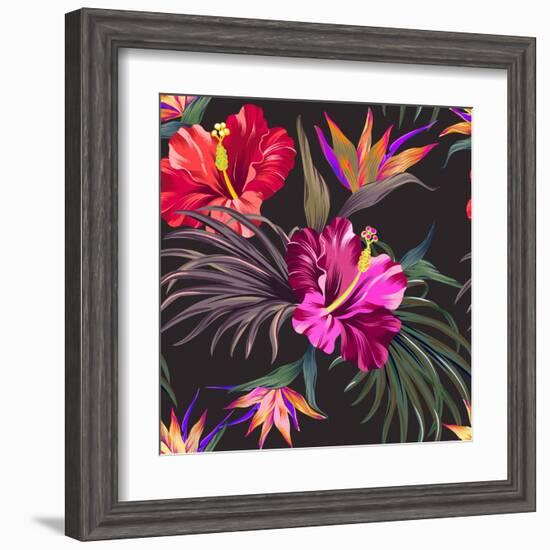 Seamless Vector Tropical Pattern. Vintage Style Hibiscus Flowers, Bird of Paradise, and Palm Leaves-rosapompelmo-Framed Art Print