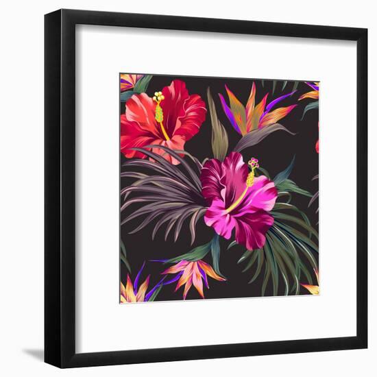 Seamless Vector Tropical Pattern. Vintage Style Hibiscus Flowers, Bird of Paradise, and Palm Leaves-rosapompelmo-Framed Art Print