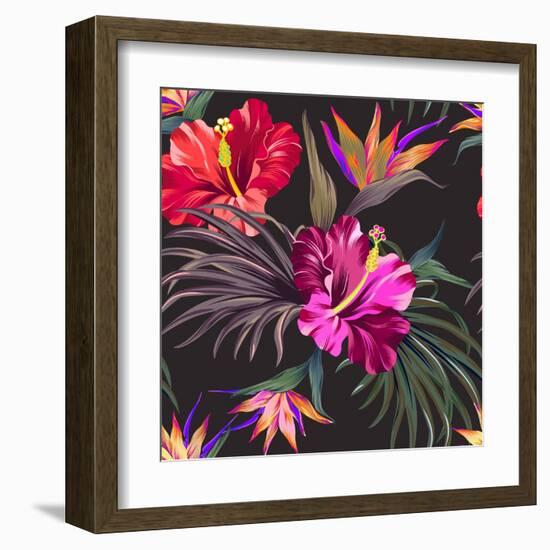 Seamless Vector Tropical Pattern. Vintage Style Hibiscus Flowers, Bird of Paradise, and Palm Leaves-rosapompelmo-Framed Art Print