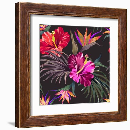 Seamless Vector Tropical Pattern. Vintage Style Hibiscus Flowers, Bird of Paradise, and Palm Leaves-rosapompelmo-Framed Art Print