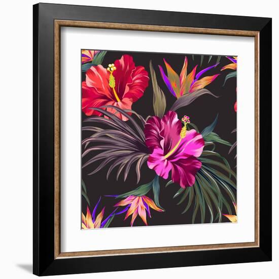 Seamless Vector Tropical Pattern. Vintage Style Hibiscus Flowers, Bird of Paradise, and Palm Leaves-rosapompelmo-Framed Art Print