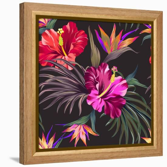 Seamless Vector Tropical Pattern. Vintage Style Hibiscus Flowers, Bird of Paradise, and Palm Leaves-rosapompelmo-Framed Stretched Canvas