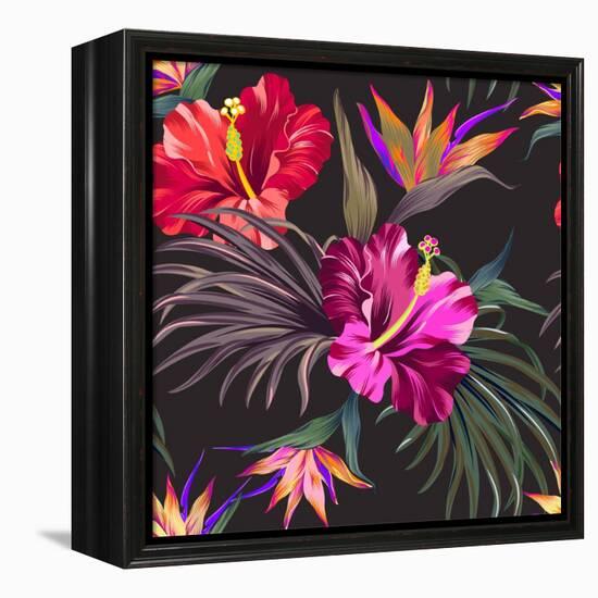 Seamless Vector Tropical Pattern. Vintage Style Hibiscus Flowers, Bird of Paradise, and Palm Leaves-rosapompelmo-Framed Stretched Canvas