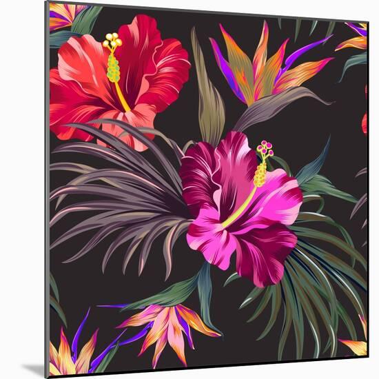 Seamless Vector Tropical Pattern. Vintage Style Hibiscus Flowers, Bird of Paradise, and Palm Leaves-rosapompelmo-Mounted Art Print