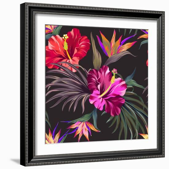 Seamless Vector Tropical Pattern. Vintage Style Hibiscus Flowers, Bird of Paradise, and Palm Leaves-rosapompelmo-Framed Art Print