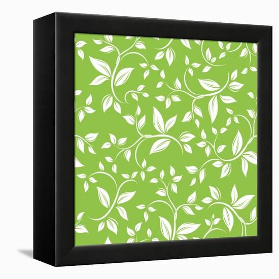Seamless White Floral Pattern on Green-Naddiya-Framed Stretched Canvas