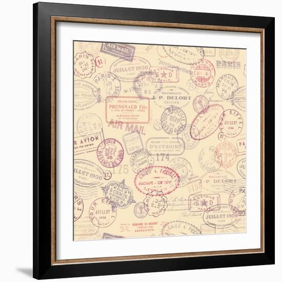 Seamlessly Tiling Postage Themed Pattern with Vintage Stamps-shootandwin-Framed Art Print