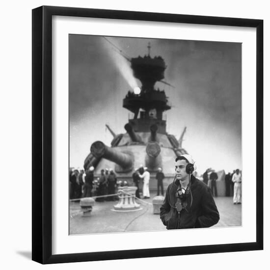 Search Light Beaming from Tower of US Navy Battleship-Frank Scherschel-Framed Photographic Print