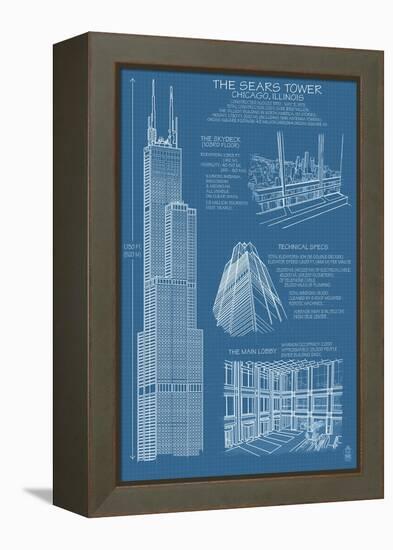 Sears Tower Blue Print - Chicago, Il, c.2009-Lantern Press-Framed Stretched Canvas