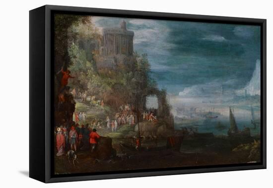 Seascape and the Casting out of Demons, C.1600 (Oil on Copper)-Jan the Elder Brueghel-Framed Premier Image Canvas