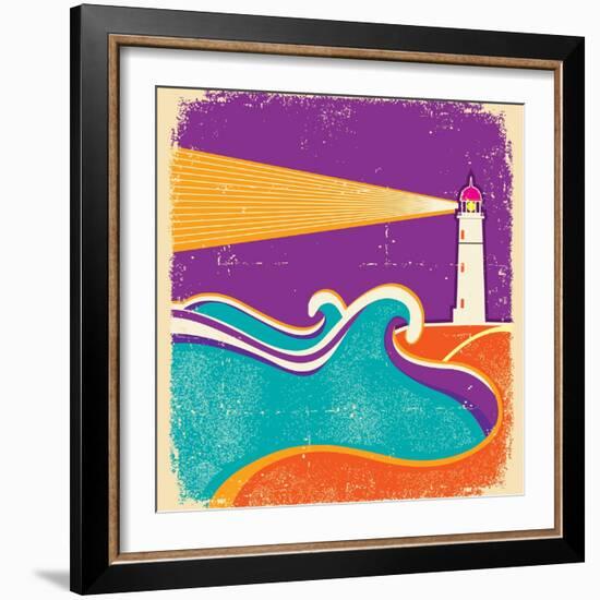 Seascape Horizon With Lighthouse On Grunge Paper Texture-GeraKTV-Framed Art Print