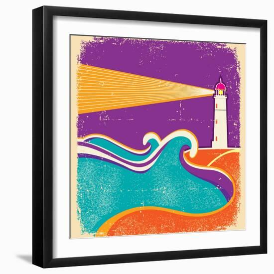 Seascape Horizon With Lighthouse On Grunge Paper Texture-GeraKTV-Framed Art Print