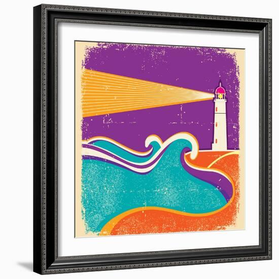 Seascape Horizon With Lighthouse On Grunge Paper Texture-GeraKTV-Framed Art Print